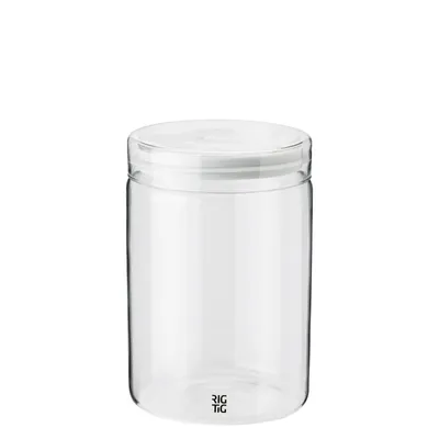 A clear studio shot of a glass storage jar with a white lid against a white background.
