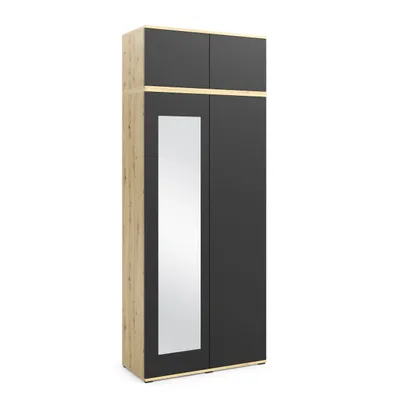 Produktbild von Kleiderschrank 90 cm "Modulo" 2-türig mit Spiegel und Schrankaufsatz, Mehrzweckschrank, Artisan/Schwarz, Push-to-Open-System, Modernes Design