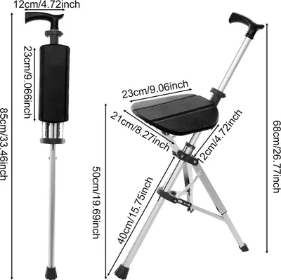 Obrázek produktu pro Skládací opěrka s sedákem – chodítko se sedákem pro seniory – lehký hliník – výška 68 cm – nosnost do 120 kg – černá barva
