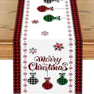 Image de Nappe de table de Noël, 33 x 183 cm - Rouge/Blanc - En lin - Lavable - Décoration de Noël - Motifs flocons de neige/boules de Noël - Nappe