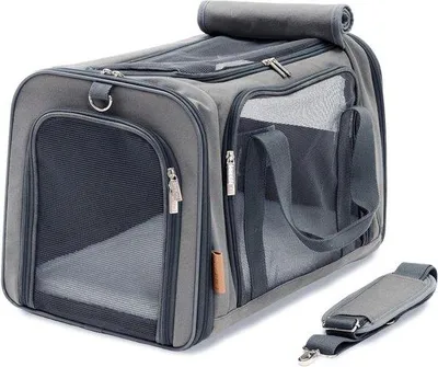 Obrázek produktu pro Přepravní box pro kočky - ideální pro kočky a malé psy - robustní přepravní taška s velkým zorným polem - stylový box pro kočky s odnímatelnou fleecovou podložkou 50x26x28 šedý