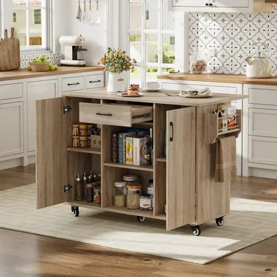 Produktbild von Klappbare Kücheninsel auf Rollen, 120 cm mobiler Servierwagen mit Schublade und Schrank, Sonoma Eiche, 92,9x120x43,5 cm