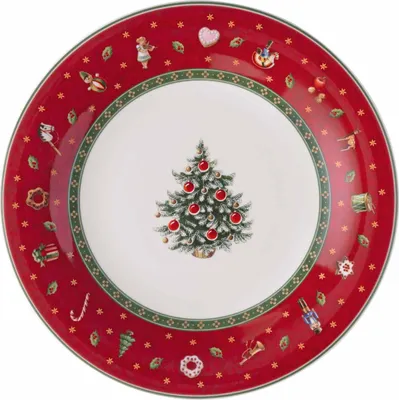 A Christmas-themed plate with a decorated Christmas tree in the center and various Christmas ornaments around the rim.