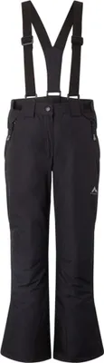 A pair of black ski pants with suspenders, shown front-on against a white background.