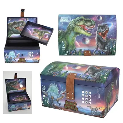 Produktbild von Depesche Dino World - Schatztruhe im Dino Design mit Planeten, Aufbewahrungsbox mit Code, Sound und Licht