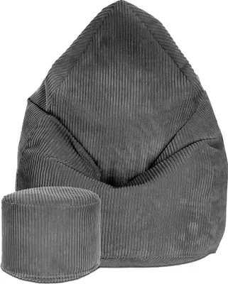 A gray corduroy bean bag chair and matching ottoman are shown against a white background.