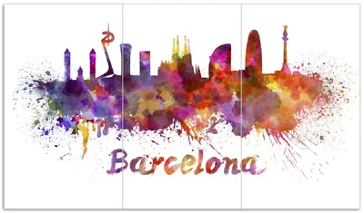 Produktbild von Wallario Herdabdeckplatte aus Glas, Größe 90 x 52 cm 3-teilig, Motiv Städte als Aquarell - Skyline von Barcelona