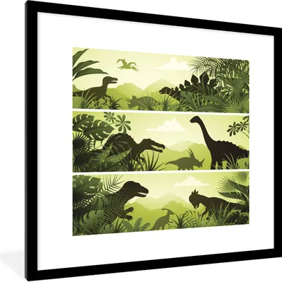 Produktbild von MuchoWow® Gerahmtes Poster Dinosaurier - Dschungel - Illustration - Kinder - Kind 40x40 cm - Poster mit Schwarzem Bilderrahmen Wandposter Rahmen Foto Bilder - Poster - Plakat im Rahmen