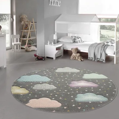 Image de Tapis pour enfants Wolke Tapis de chambre d'enfant en gris bleu rose Taille - 160 cm Rond