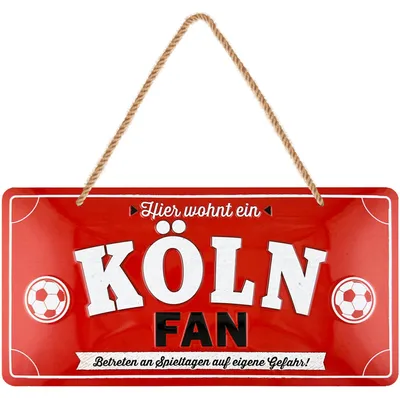 Produktbild von LANOLU Retro Blechschild Hier wohnt ein Köln Fan, Fussball Deko Metallschild mit Jutelkordel, Geschenk Vatertag, 16x32 cm