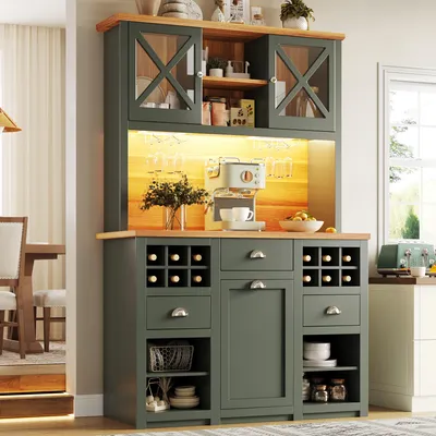 Produktbild von Flieks Küchenschränkemit mit Glastüren und LED-Beleuchtung, Beistellschrank mit Weinregal und Verstellbare Regalböden, Sideboards 120x45x188cm, Grün