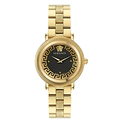A product shot of a gold Versace watch with a black face.