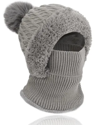 Immagine prodotto di Berretto da donna in maglia, 3 in 1, termico, antivento, con sciarpa integrata e fodera in pile, colore grigio