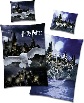 Produktbild von Harry Potter Bettwäsche Set für Junge und Mädchen · Kinderbettwäsche 135x200 80x80 cm aus 100% Baumwolle · Motiv mit Eule und Hogwarts
