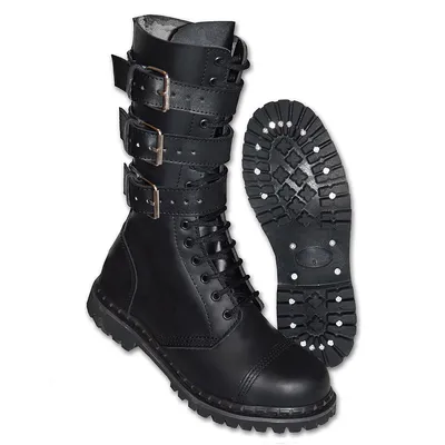 A pair of black leather boots and a separate boot sole are shown against a white background.