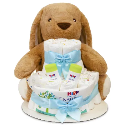Produktbild von MilaBoo® Windeltorte blau mit großem Hasen – Babygeschenk zur Geburt