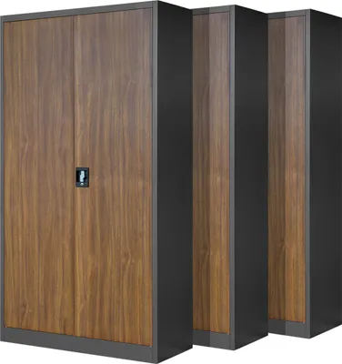 Three identical metal filing cabinets with wood-look doors are lined up against a white background.