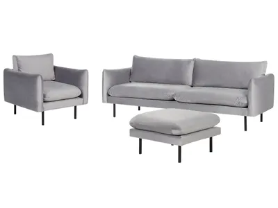 Obrázek produktu pro BELIANI Sedací souprava šedá sametová čalouněná pohovka s křeslem a taburetem moderní retro styl černé nohy obývací pokoj