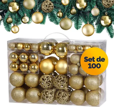 Image de Lot de 100 boules de Noël en plastique robuste Décoration de Noël intérieur extérieur Décoration pour sapin or