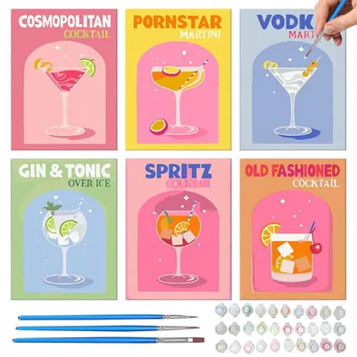 Malen nach Zahlen Set, 6 Cocktail-Motive, Acryl, 20x15 cm