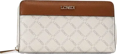 A white and brown L.CREDI wallet with a repeating logo pattern.