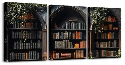 Image de Homewish - Ensemble de 3 tableaux sur toile représentant une bibliothèque médiévale - Décoration murale vintage pour votre intérieur