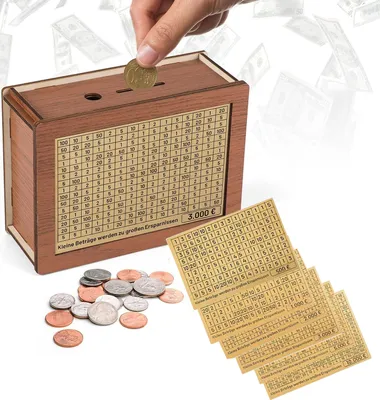 Produktbild von Spardose Holz,Sparbox,mit Zahlen Ankreuzen,mit Zähler,EIN Wieder Verwendbares Geldbox Geldkassetten, Deine €500 €1,000 €2,000 €3,000 €5,000 €10,000 Euro (8 Stück)