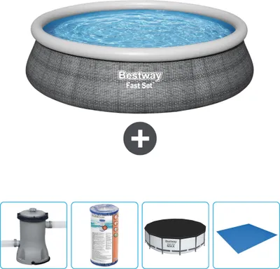 Produktbild von Bestway runder aufblasbarer Fast-Set-Pool – Rattan-Druck – 457 x 84 cm – inklusive Pumpe Filter - Abdeckung - Bodenplane