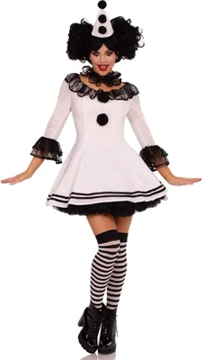 A woman in a clown costume posing against a white background.