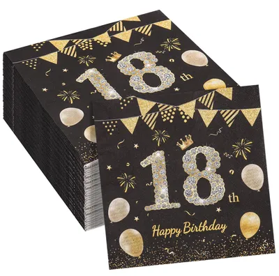 Image de Lot de 100 serviettes d'anniversaire noires et dorées pour la décoration de fêtes