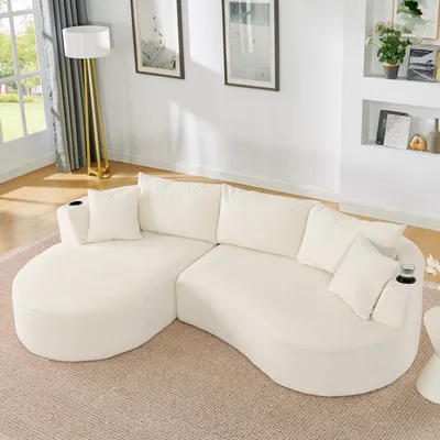 Produktbild von okwish Modulares Sofa Linke Chaiselongue 3-Sitzer Wohnzimmersofa mit Getränkehalter und Kissen Loungesofa Bogenförmiges Design weicher Kordstoff Beige