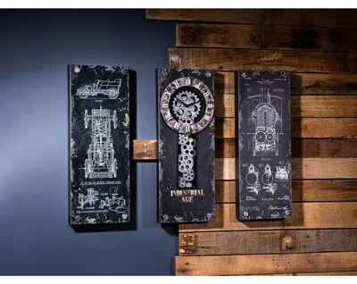 Produktbild von Gilde 3tlg. Set, Wanduhr, rechteckig, Steampunk, Zahnradmotiv, Metall, schwarz, VE 1 Höhe: 60.00 cm Breite: 69.00 cm Tiefe: 5.00cm 50289