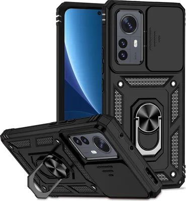 Produktbild von Xiaomi 12 Pro Hülle mit Schiebe Kamera Schutz und Ringhalter Ständer Robust Rüstung Schutzhülle für Xiaomi 12 Pro Schwarz