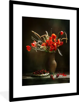 Produktbild von MuchoWow® MuchoWow® Gerahmtes Poster Mohnblumen - Stilleben - Obst 60x80 cm - Poster mit zchwarzem Bilderrahmen - Wohnzimmer - Dekorationen - Prämie