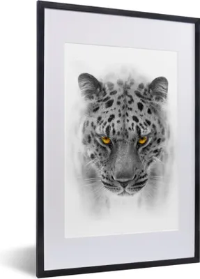 Produktbild von MuchoWow® Gerahmtes Poster Leopard - Schwarz - Weiß - Tier 40x60 cm - Poster mit Schwarzem Bilderrahmen Wandposter Rahmen Foto Bilder - Poster in Rahmen