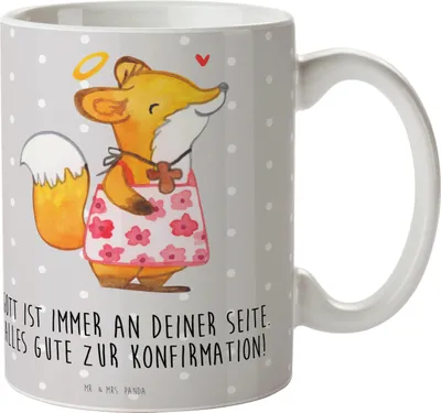 Produktbild von Mr. & Mrs. Panda Kaffeetasse Fuchs Konfirmation Mädchen - Grau Pastell - Geschenk, Kommunion, Gläubig, Tasse, Gott, Keramikbecher, Alles Gute, Keramiktasse, Teetasse