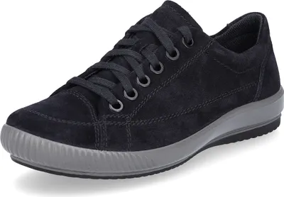 A single dark blue suede sneaker with a gray sole is shown against a white background.