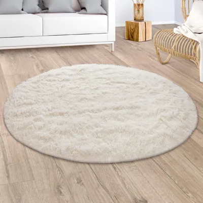 Produktbild von Hochflor Teppich Shaggy waschbar Unifarben Schlafzimmer schmutzabweisend Elfenbein Rund 120D | 100% Polyester | Florhöhe: 33 mm | pflegeleicht