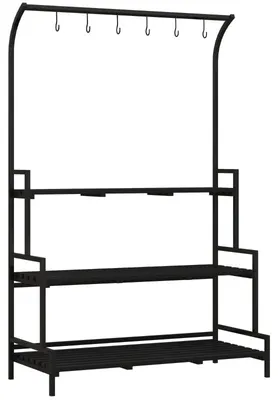 Produktbild von Zimilo Blumenständer 3 Etagen mit 6 Haken, Pflanzenregal Metall Holz 170 cm, Indoor Outdoor Standregal für Balkon Wohnzimmer Garten