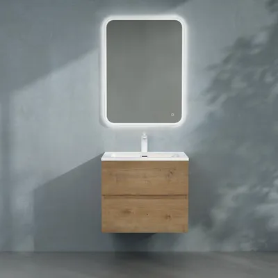 Image de doporro Meuble de Salle de Bain Suspendu 60x48x50cm Ensemble de 3 Pièces Meuble avec Lavabo Solid Surface et Led Miroir Design Aqualis
