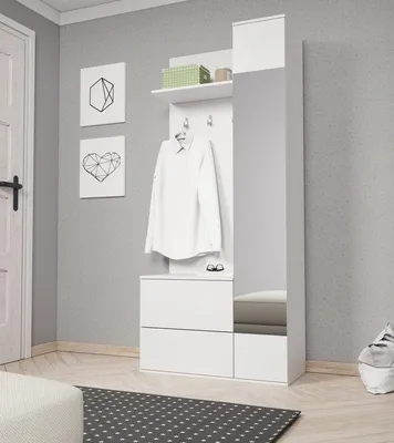 Produktbild von Garderobe – Garderobe mit Spiegel – Garderobe mit Schuhschrank – GREEN – 90 cm – Weiß – Flurgarderobe mit Drehtür und Haken – Modernes Design