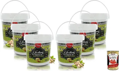 Produktbild von 6x Dolgam I Siciliani Pistazien-Pesto Glutenfreie,Sizilianische Spezialitäten,1000g-Eimer,Pistazien aus Sizilien mit 65% + Italian Gourmet Polpa di Pomodoro 400g Dose