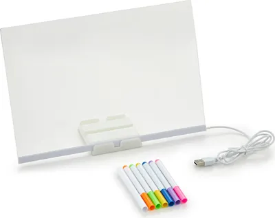 Produktbild von LED-Notiztafel mit Farben, beleuchtet, Acryl-Nachrichtentafel, transparente, kristallklare Schreibfläche, verstellbarer Ständer