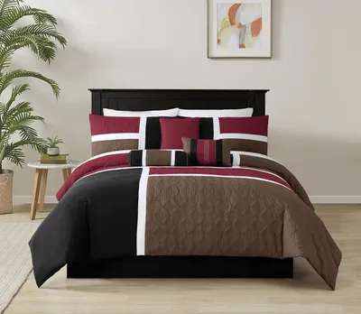 7-teiliges gestepptes Patchwork-Bettwäsche-Set, bordeaux/schwarz/braun, Full