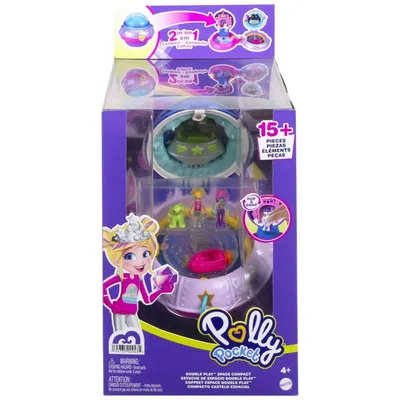 Image de Polly Pocket double plaisir Coffret ovni de princesse, 2 petites poupées, 15 accessoires, 1 tenue de mode, fonction Pop & Swap, dès 4 ans