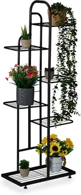 Image de Support à fleurs - 6 niveaux - 7 pots de fleurs - Étagère à plantes - Intérieur - Métal - 109,5 x 44 x 22 cm - Étagère à plantes en escalier - Noir