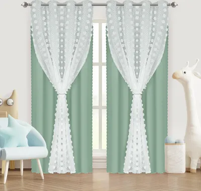 Produktbild von Fertiggardinen 132x213cm Kindervorhang Ösen Gardinen mit PomPom Doppelschichtige Kinderzimmer Vorhänge，Baby Gardinen Doppelschichtig，Grün