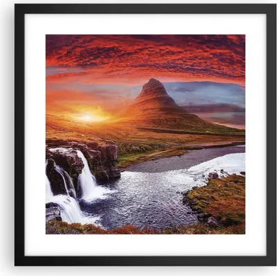 Produktbild von Gerahmtes Poster - Schwarzer Rahmen - Kirkjufell Wasserfall Berg - 40x40 cm - Wand Bild - Wanddeko - Wandbilder - Kunstposter - Wandposter - Bilderrahmen - Bilder - Kunstdruck - P2BAC40x40-4704