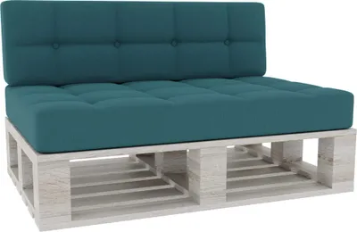 A teal tufted cushion set on a light gray wooden pallet base, presented against a white background.