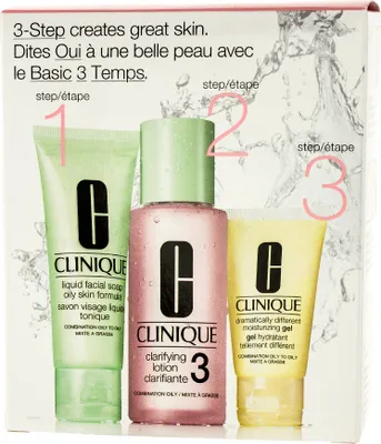 Produktbild von Clinique 3-Step Introduction Kit Skin Type 3, Frauen, Klärend, Glanz, 100 ml, 50 ml, Water\Aqua\Eau , Dimethicone , Isododecane , Butylene Glycol , Bis-Peg-18 Methyl Ether Dimethyl..., 3 Stück(e)